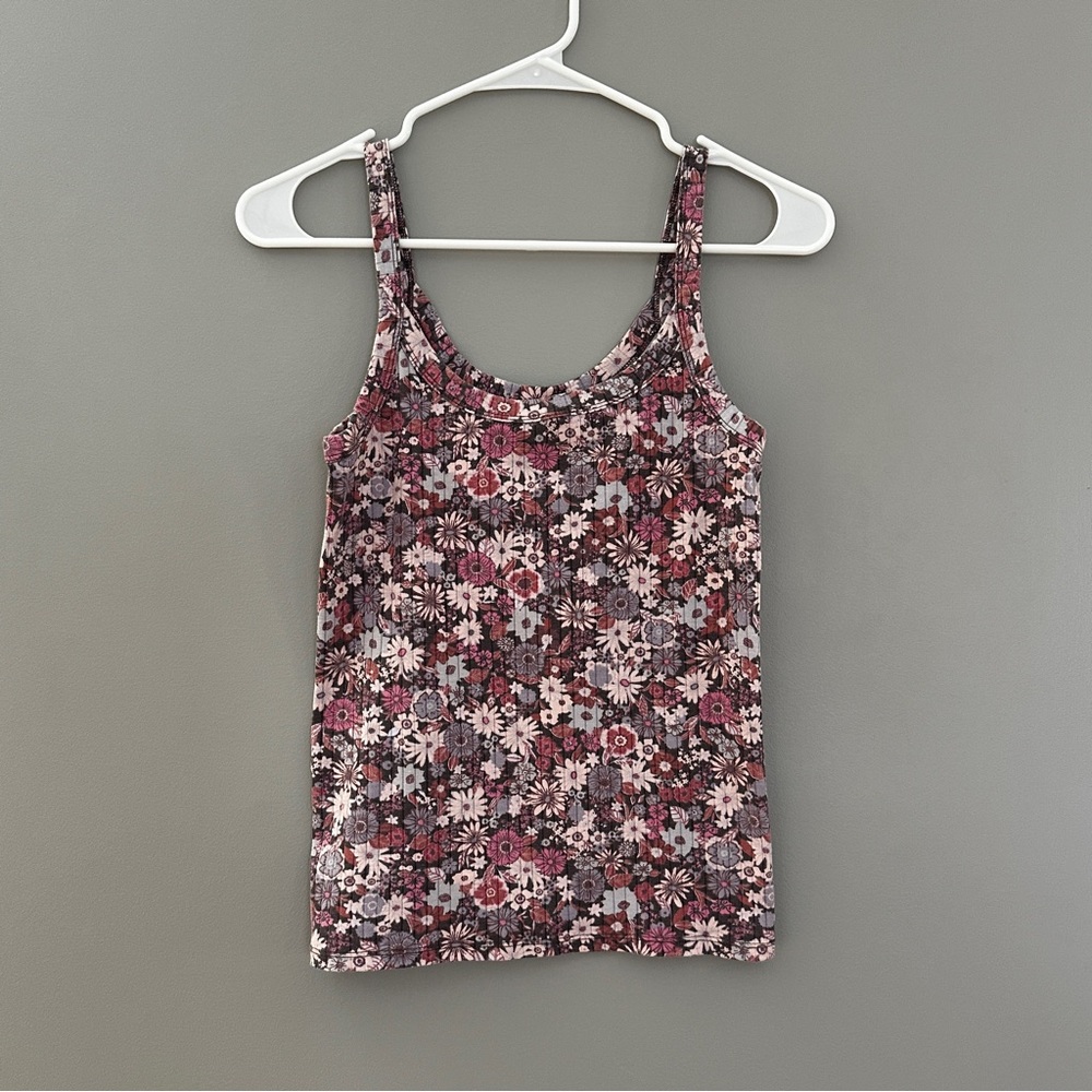 Aerie Floral Ribbed Scoop Neck Tank Top Purple Pink Daisy Flowers Size S